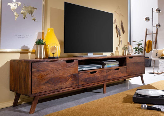 ODEJIA Furniture Wooden Entertainment Tv Unit for Living Room | TV Stand/Tv Cabinet with 2 Door, 2 Drawers & Shelf Storage | Solid Wood Sheesham, Brown Finish - ODEJIA Tv Unit