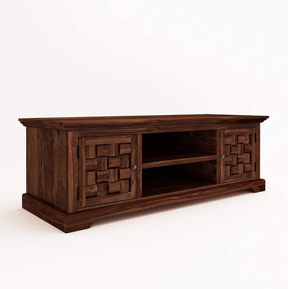 Odejia Handicraft Solid Sheesham Wood TV Stand Entertainment Cabinet with 2 Shelf and 2 Door Storage for Living Room Bedroom Hall Television Wooden Furniture (Brown Finish) - ODEJIA Tv Unit