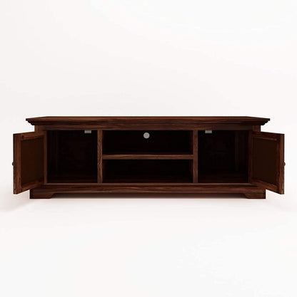 Odejia Handicraft Solid Sheesham Wood TV Stand Entertainment Cabinet with 2 Shelf and 2 Door Storage for Living Room Bedroom Hall Television Wooden Furniture (Brown Finish) - ODEJIA Tv Unit