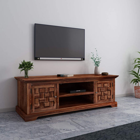Odejia Handicraft Solid Sheesham Wood TV Stand Entertainment Cabinet with 2 Shelf and 2 Door Storage for Living Room Bedroom Hall Television Wooden Furniture (Brown Finish) - ODEJIA Tv Unit
