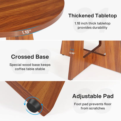 ODEJIA Round Coffee Table,Wood Circle Coffee Table with Cross Base, Round Accent Center Table for Living Room| Home| Office 31.4" x 31.4" x 20" (Natural) - ODEJIA Coffee table