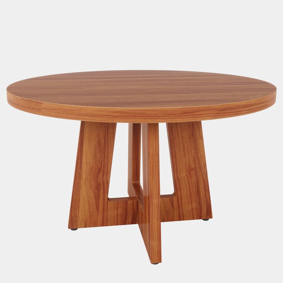 ODEJIA Round Coffee Table,Wood Circle Coffee Table with Cross Base, Round Accent Center Table for Living Room| Home| Office 31.4" x 31.4" x 20" (Natural) - ODEJIA Coffee table