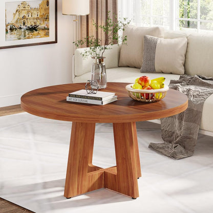ODEJIA Round Coffee Table,Wood Circle Coffee Table with Cross Base, Round Accent Center Table for Living Room| Home| Office 31.4" x 31.4" x 20" (Natural) - ODEJIA Coffee table