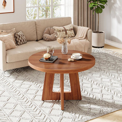 ODEJIA Round Coffee Table,Wood Circle Coffee Table with Cross Base, Round Accent Center Table for Living Room| Home| Office 31.4" x 31.4" x 20" (Natural) - ODEJIA Coffee table