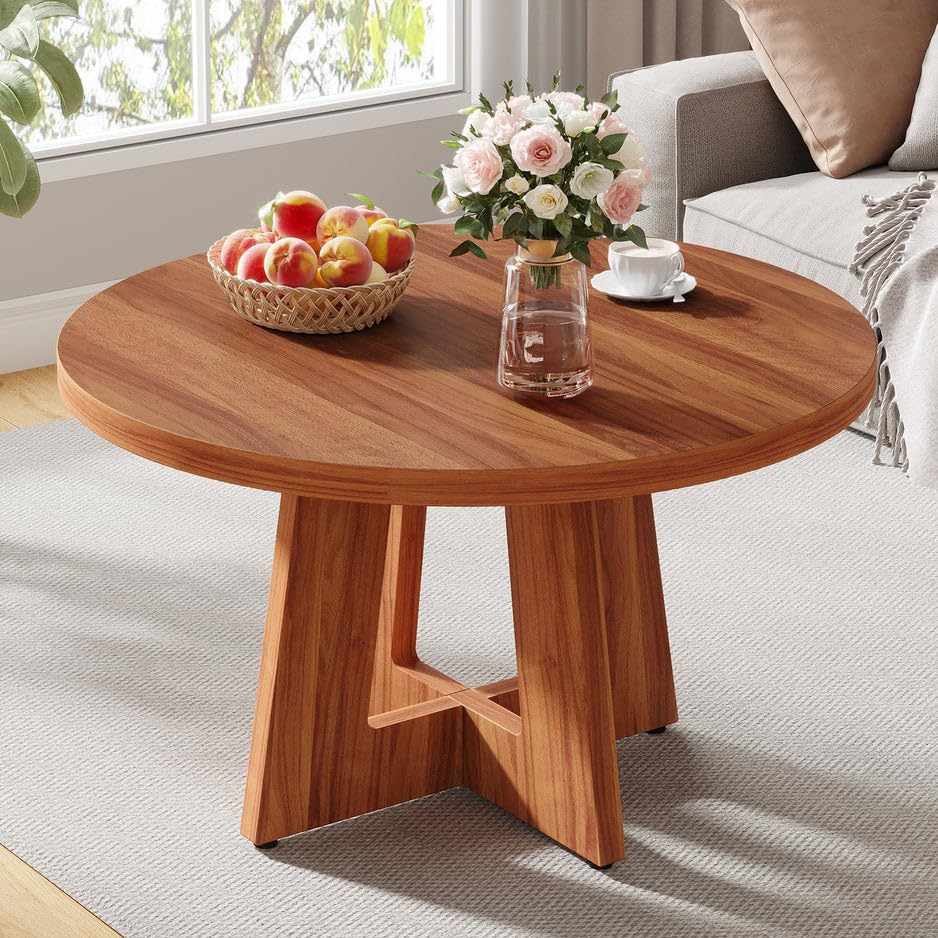 ODEJIA Round Coffee Table,Wood Circle Coffee Table with Cross Base, Round Accent Center Table for Living Room| Home| Office 31.4" x 31.4" x 20" (Natural) - ODEJIA Coffee table